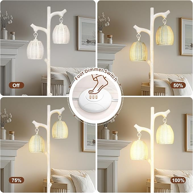 Scenekoy Rustic 68” Tall Floor Lamp with Rattan Shade, Retro Standing Lamp Tree Trunk Washed White Finish & Resin Body, Dimmable Corner Lamp with Bulb Prefer for Living Room Bedroom Home Decor