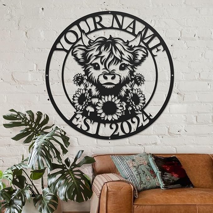 Personalized Highland Cow Name metal Signs,Custom Highland Cow Metal Shed Wall Decor,Black Metal Wall Art Plaques Outdoor wall Decorative Signage (Style E)