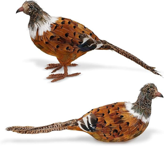Nature Vibe Feathered Pheasant Decor Set of 2,Simulation Woodland Animals Figurines with Natural Pheasant Feathers as Fall Home Decor or Gifts for Autumn Harvest Festival