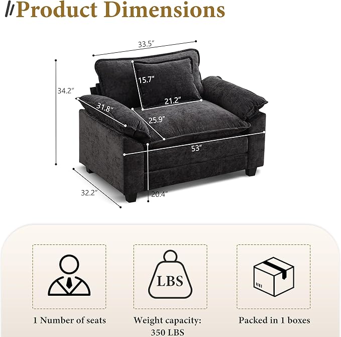 URRED Modular Sectional Sofa Comfy Cloud Couch, Modern Chenille Sofa Sleeper Deep Seat Couches with Ottoman/Pillows for Living Room (Black, 53'')