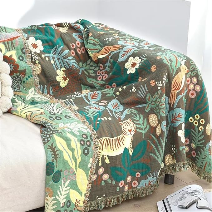 MSGKV 100% Cotton Throw Blanket for Couch Bed Sofa, Cotton Quilt Coverlet Reversible Mudcloth Throws, Soft Cozy Farmhouse Blankets 60''x 80'' Tiger Print Blanket for All Seasons