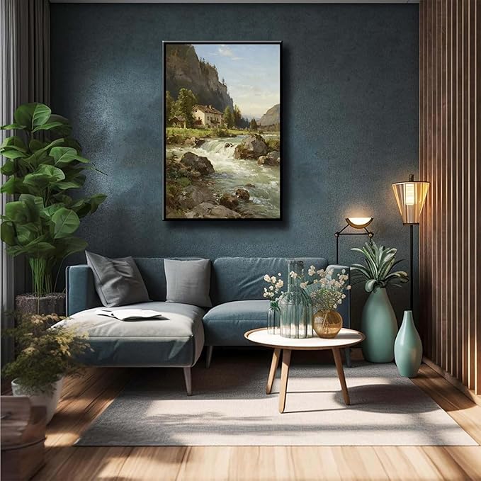 Vintage landscape rural scenery poster art farmhouse cottage wall decor living room kitchen quiet country stream suitable for bedroom bathroom