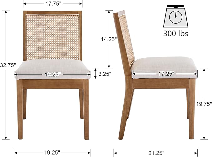 VESCASA Upholstered Dining Chairs with Square Rattan Back, Armless Padded Linen Cushion Dining Chairs with Wood Legs for Dining Room, Kitchen, Set of 2, Natural Frame