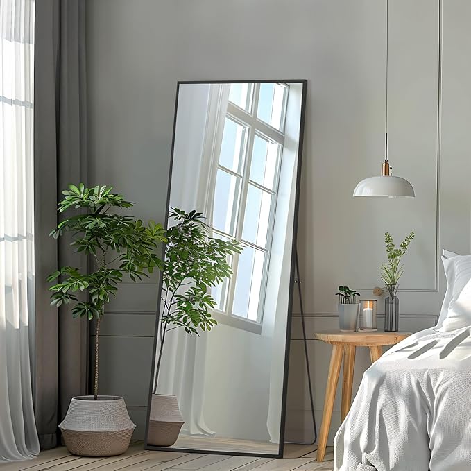 56"x18" Full Length Mirror, Free Standing Mirror Full Length Made of Tempered Glass, Black Floor Mirror for Bedroom Living Room Gym Dorm