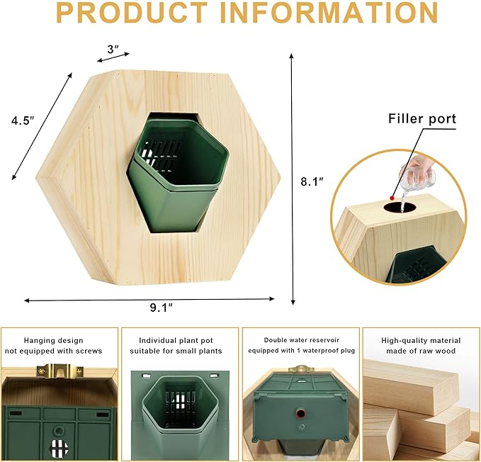 Hexagonal Wooden Wall Planter, Self Watering Living Vertical Planters Indoor, Wooden Frame Planter Wall Decoration Home Office 2pc