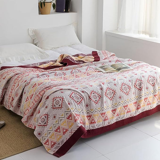 Boho Muslin Blanket for Adults 4-Layer Gauze 80 x 90 Inches Soft Cozy 100% Cotton Cooling Blanket Red Geometric Farmhouse Decor for Sofa Bed Coverlet Both Sides (Boho-G-Red, 80 x 90 in)