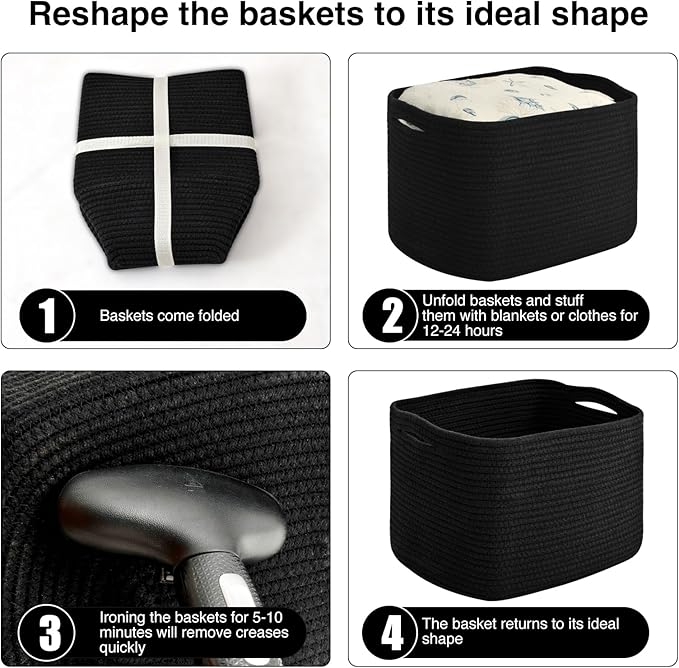 Storage Baskets for Organizing & Shelves, Woven Cotton Rope Organization Bins for Dog Toys, Clothes, Books, Nursery Organizer, 15" Lx11''Wx9.5''H, (4 Packs) Black