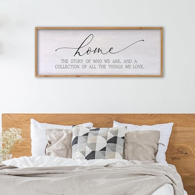 Home The Story of Who We Are Sign Farmhouse Family Wall Decor 32x12 Inch Plaque Wood Framed Art for Hanging (Wood)