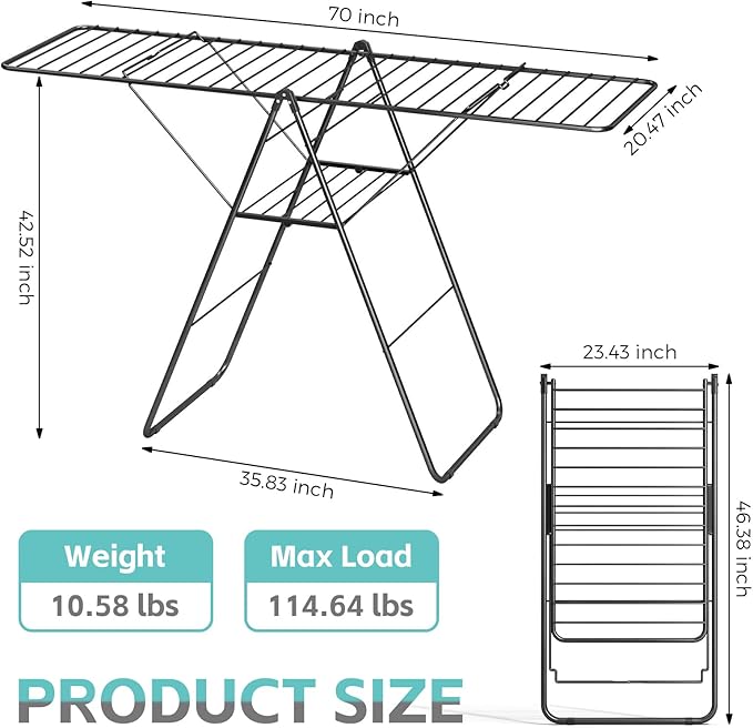 APEXCHASER Clothes Drying Rack, Oversized Drying Rack Clothing with Height-Adjustable, Foldable Gullwings Metal Laundry Rack, Indoor Outdoor Use, No Assembly, Black