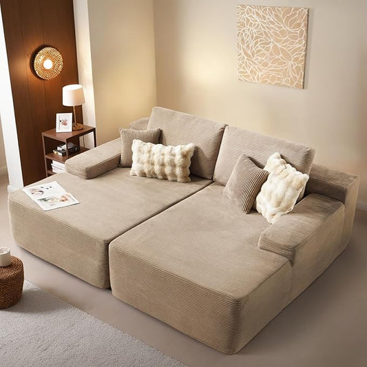 ovios 81" Oversized Sectional Double Lounge Chaise with Cloud Plush Sofa Bed, No Assembly Required, Fluffy Modern Sleeper Loveseat Chair for Indoor Living Room Bedroom Reading, Camel (Corduroy Fabric)