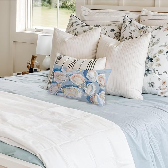 Coastal Beach Room Decor 12x20 Pillow Cover, Coastal Beach Blue Oysters Shell Decorative Lumbar Pillow Covers for Bedroom Living Room Home Dorm Sofa Couch