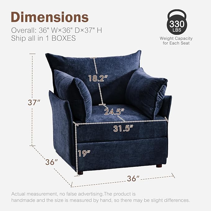 Oversized Accent Chair, Upholstered Modern Sofa Chair with Removable Backrest & Detachable Cover, 24.5" Deep Seat Large Reading Armchair for Living Room Bedroom Office - Chenille Blue Set of 2