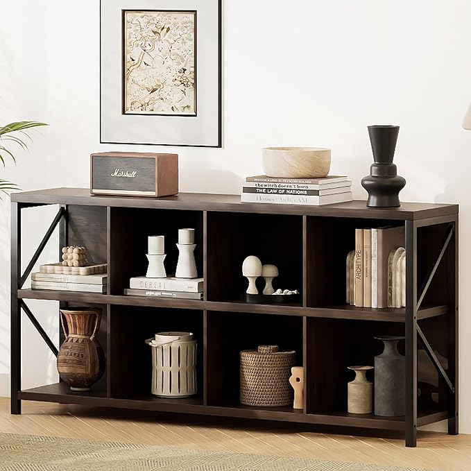 8 Cube Storage Organizer Bookshelf, Industrial Horizontal Bookcase, Accent Cubby Shelf, Media Console Table for Living Room, Home Office, 63 Inches, Brown Walnut