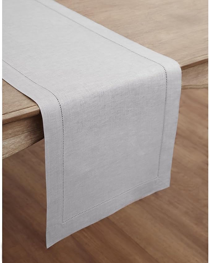 Solino Home Linen Soft Grey Table Runner 36 Inches - Classic Hemstitch, 100% Pure Linen Coffee Table Runner 14 x 36 Inch Ideal for Dresser Tables - Fall, Autumn, Halloween, Thanksgiving