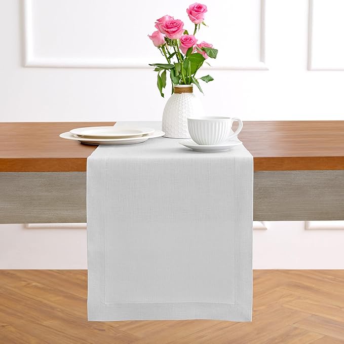 Solino Home Linen Table Runner 60 Inches - 100% Pure Linen Silver Cloud Table Runner 14 x 60 Inch Ideal for Dresser and Coffee Tables - Fall, Autumn, Thanksgiving - Fete
