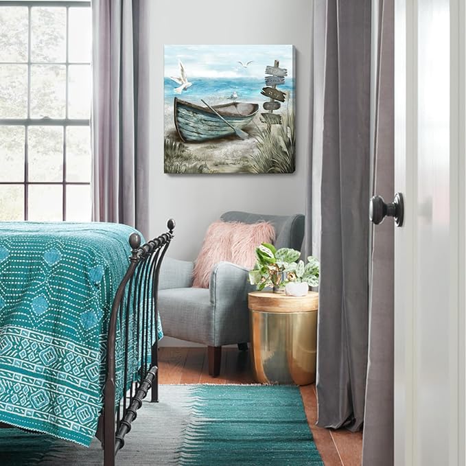 Canvas Wall Art Beach Décor Wall Picture Rustic Coastal Sand Canvas Print Ocean Nautical Painting Seascape Sea Bird Vintage Ship Boat Artwork for Seaside Living Room Bedroom Bathroom Decor Blue Large