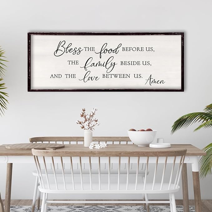 Bless the Food Before Us, the Family Beside Us, and the Love between us Framed Wall Art for Christian God Jesus Christ Prayer, 32''×12'' Positive Holy Religious Rustic Bible Verse for Dining Room