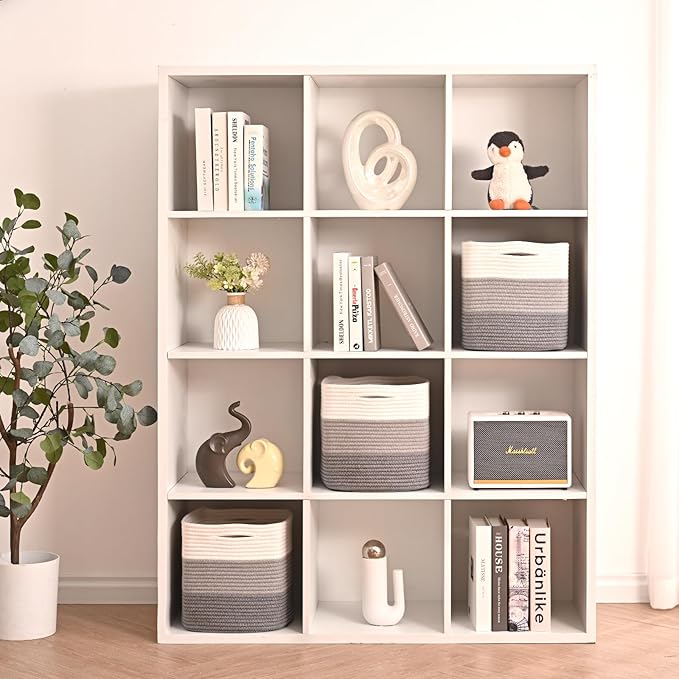 11 Inch Cube Storage Bins, Storage Cube Organizer Bins, Woven Cotton Rope Basket for Storage, Storage Baskets for Organizing Shelves, Grey Baskets for Toys, Gradient Grey (Pack of 3)