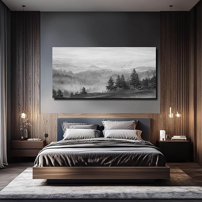 SOUGUAN Grey Wall Decor Foggy Mountain Wall Art Tree and Bird Pictures Artwork for Walls Living Room for Bedroom Kitchen Dining Room Home Office 30x60 Inch