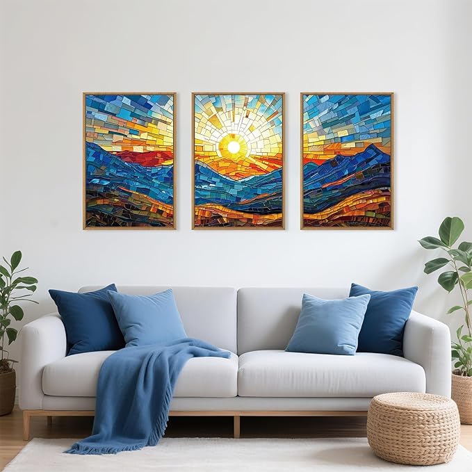 Mountains Framed Canvas Wall Art Set, Modern Abstract Art Painting, Irregular Square Ridge Wall Decor, Sunrise Art Print for Living Room, Bathroom, Bedroom, Office - 16"x24"x3