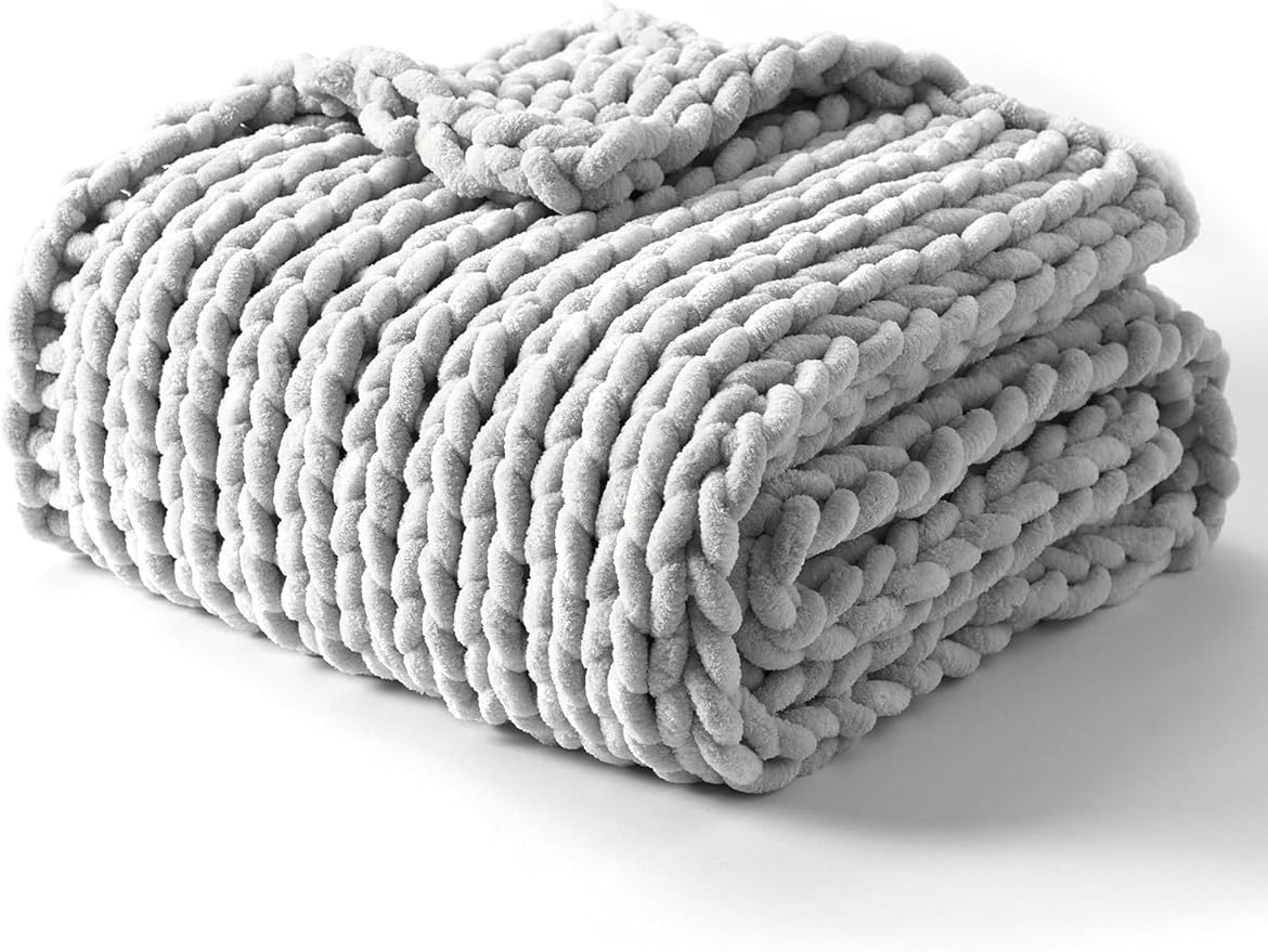 YnM Chunky Throw Blanket, Hand Knitted with Chenille Yarn, Skin Friendly, Ventilated and Breathable, Machine Washable, Home Décor Piece for Couch, Sofa and Bed (Glacier Grey, 60x80 Inch)