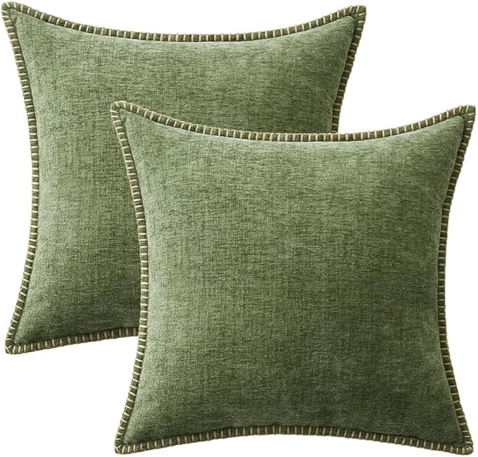 MIULEE Pack of 2 Couch Throw Pillow Covers 24x24 Inch Sage Green Farmhouse Decorative Pillow Covers with Stitched Edge Soft Chenille Solid Dyed Spring Pillow Covers for Sofa Bed Living Room