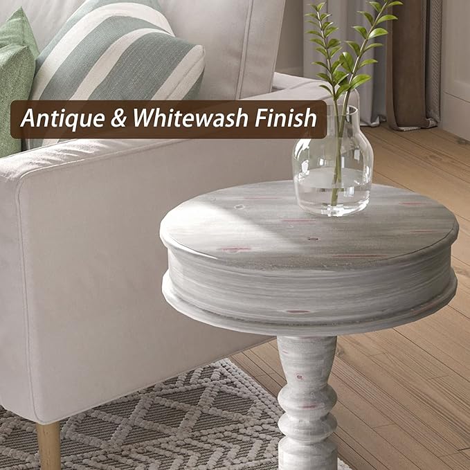 COSIEST Set of 2 Rustic Accent Side Table, Farmhouse Wood Pedestal Table Round End Table for Living Room, Bedroom, Distressed Whitewash Finish, Grey Color