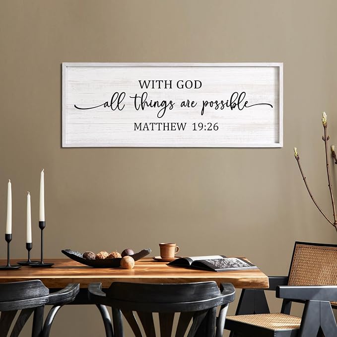 With God All Things are Possible Framed Wall Art, 40''×15'' Vintage Holy Religious Rustic Bible Verse for Christian God Jesus Christ Prayer, Positive Horizontal Inspirational Catholic Scripture Decor