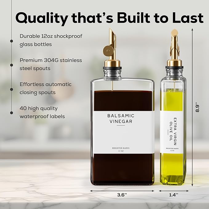 Glass Olive Oil Dispenser Bottle for Kitchen by Brighter Barns - Coffee Syrup Dispenser, Oil and Vinegar Bottle - Modern Kitchen Essentials for Home, Restaurant, Coffee Bar, Airbnb (Clear, Set of 2)