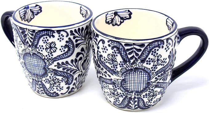 Encantada Handmade Hand-Painted Authentic Mexican Pottery Mugs (Cobalt Blue Flower X2)