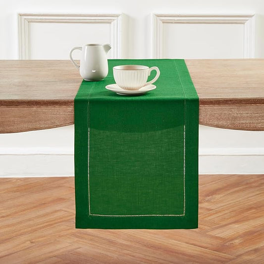 Solino Home Linen Table Runner 36 Inches - 100% Pure Linen Garden Green Hemstitch Table Runner 14 x 36 Inch Ideal for Dresser and Coffee Tables - Classic Hemstitch