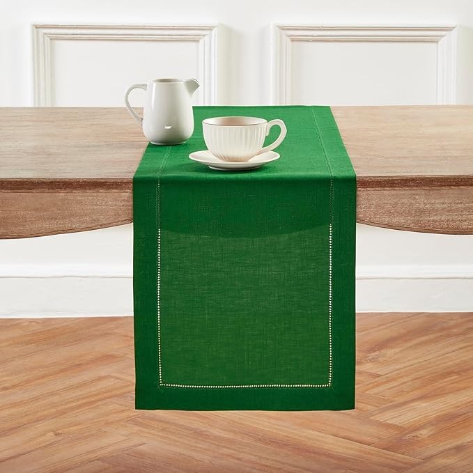 Solino Home Linen Table Runner 60 Inches - 100% Pure Linen Garden Green Hemstitch Table Runner 14 x 60 Inch Ideal for Dresser and Coffee Tables - Classic Hemstitch