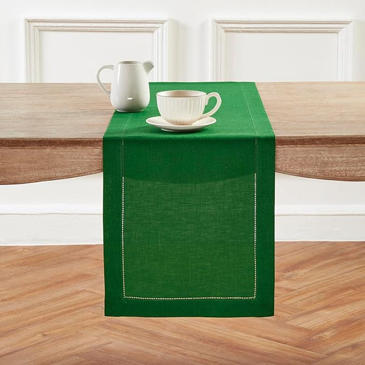 Solino Home Linen Garden Green Table Runner 144 Inches Long - 100% Pure Linen Extra Long Table Runner 14 x 144 Inch - Classic Hemstitch