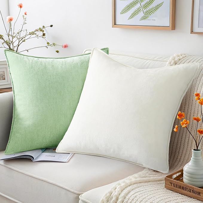 decorUhome Couch Throw Pillow Covers 24x24 Set of 2, Decorative Soft Euro Neutral Chenille Pillow Covers with Elegant Design for Sofa Bed Living Room Home Decor, Cream White