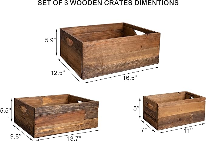 TIMRIS Set of 3 Rustic Distressed Wood Nesting Crates, Farmhouse Decorative Wooden Storage Boxes, Vintage Reclaimed Wood Baskets for Display (Natural)