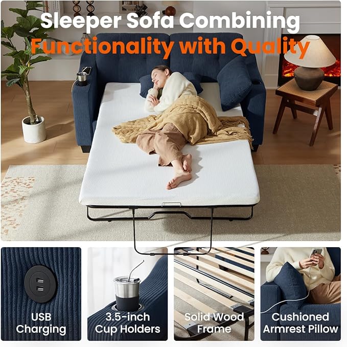 Pull Out Sofa Bed, Full Size Sleeper Sofa, 2-in-1 Convertible Corduroy Couch with USB Charging, Memory Form Couch for Living Room, Apartment and Small Space (Navy Blue, Corduroy - Full Size)