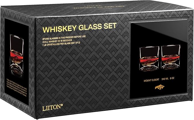 Rocky Mountains Heavy Crystal Whiskey Glasses Gift Set of 2, Thick Freezable Bourbon Glass 1lb Each, Premium Whiskey Gifts for Men, Frozen Crystal Chills Cocktails, 10 oz