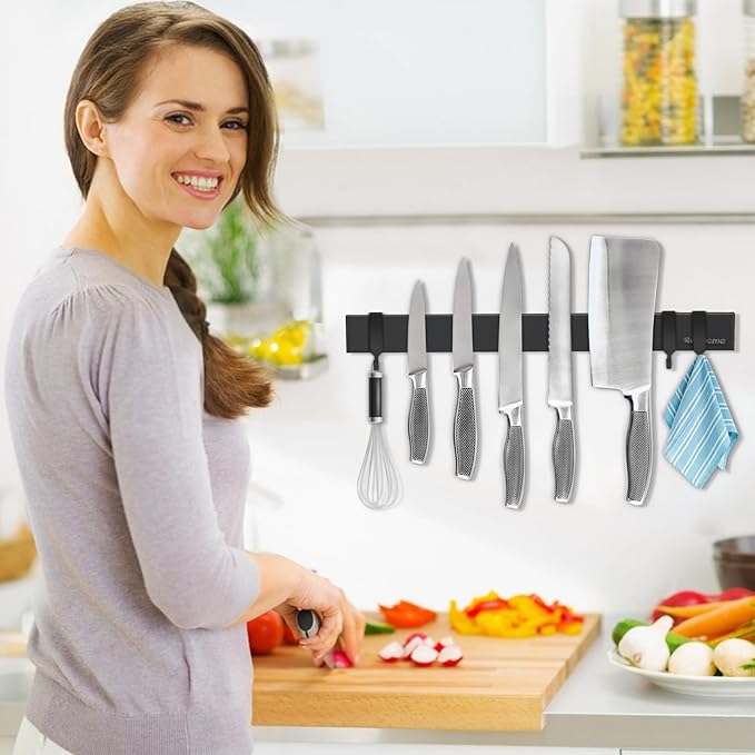Magnetic Knife Holder for Wall 17 Inch, No Drilling black knife magnetic strip with 3 Hooks, Strong Magnet Knife Holder strip, Magnetic Knife Rack Bar for Kitchen Knives and Tools