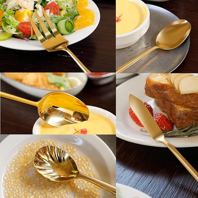 Silverware 65-Piece Gold Flatware Set with Serving Utensils Stainless Steel Thick Heavy Mirror Polished Cutlery Set for Wedding Hotel Restaurant, Service for 12