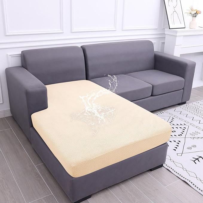 hyha Waterproof Sectional Couch Covers, Non Slip Sofa Couch Cushion Covers L Shape, Thick Stretch Jacquard Fabric, Washable Sofa Slipcovers with Elastic Bottom (1 Piece for Chaise, Beige)