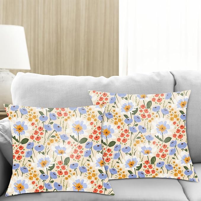 2 Pack Retro Cute Wildflowers Decor Throw Pillow Covers, 18x18 Pillow Cover, Decorative Couch Pillow Covers Flower Decor Pillowcase for Sofa Cushion Sofa Home Bedroom Bed Office Car Seat Living Room
