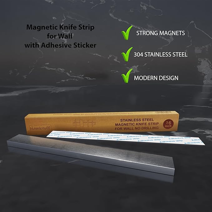 Premium Magnetic Knife Holder for Wall no Drilling – 16 Inch Stainless Steel Magnetic Knife Holder Self Adhesive - Kitchen Magnetic Knife Strip with Adhesive Sticker (Upgraded Adhesive Tape)