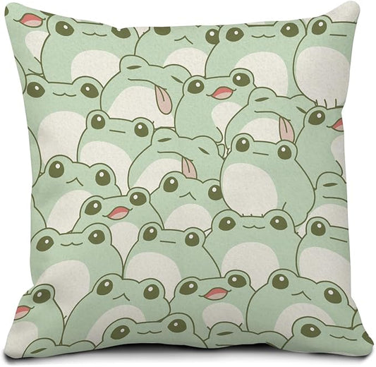 Decorative Throw Pillow Covers 18x18 Inch, Cute Home Decor for Living Room Outdoor Funny Pillowcase Polyester Cushion Case Green Frog Pattern