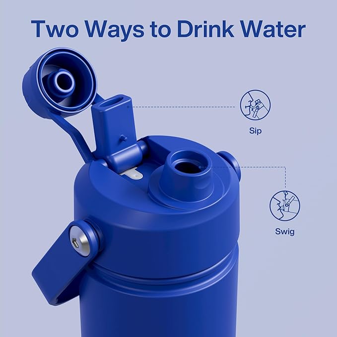 Kids Insualated Water Bottle with Straw - 12oz Stainless Steel Water Bottle with Dual Spouts, Leak-Proof, BPA-Free, Double Wall Vacuum Keeps Cold for 24 Hours for Sports, Travel, School (Royal Blue)