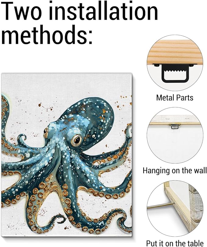 Nautical Octopus Canvas Wall Art Octopus Ocean Theme Print Poster Coastal Framed Picture Painting for Home Beach House Bedroom Wall Decor 8x10 Inch