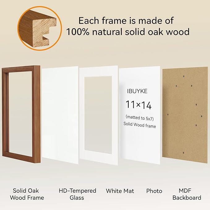 IBUYKE 11 x14 Picture Frame,Solid Oak Wood 11x14 Photo Frame with Mat to 8x10,11x14 Picture Frames With Tempered Glass,Wall Mount Display,Home Decor,Walnut Oak 14 x 11 Frame,UWPF1114H