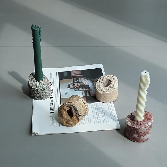 Travertine Candle Holder - Handmade Marble Candlestick Holder for Taper Candle - Vintage Small Stone Candle Sticks Holder Decor for Table Centerpieces, Wedding, Party, Fits 3/4 Inch Thick Candle