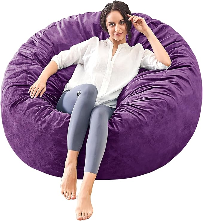 Bean Bag Chairs for Adults - Memory Foam Furniture BeanBag Chair - Kids/Teens Sofa with Soft Micro Fiber Cover - Round Fluffy Couch for Living Room Bedroom College Dorm - 4 ft, Purple