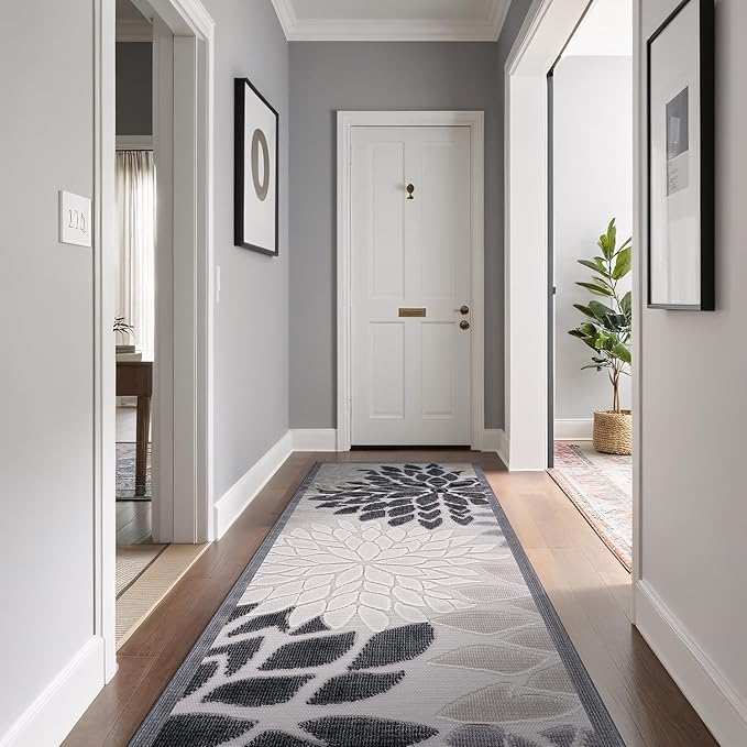 Beverly Rug Outdoor Runner Rug 2x7 Modern Floral Tropical Area Rugs for Indoor and Outdoor Patio Easy to Clean Non Shedding Living Room Porch Garden Washable Outside Carpet (2 x 7 Beige)