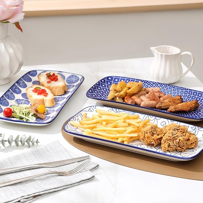 Selamica Ceramic Rectangular Serving Platters Set of 4, 12 Inch Serving Trays/Dishes for Party Entertaining, Rectangular Dinner Plates for Appetizer Salad Dessert Sushi, Vintage Blue